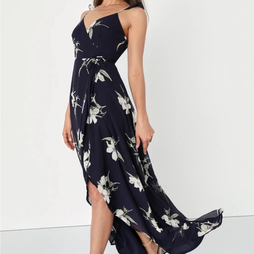 Lulu's All Mine Navy Blue Floral Print High-Low Wrap Dress